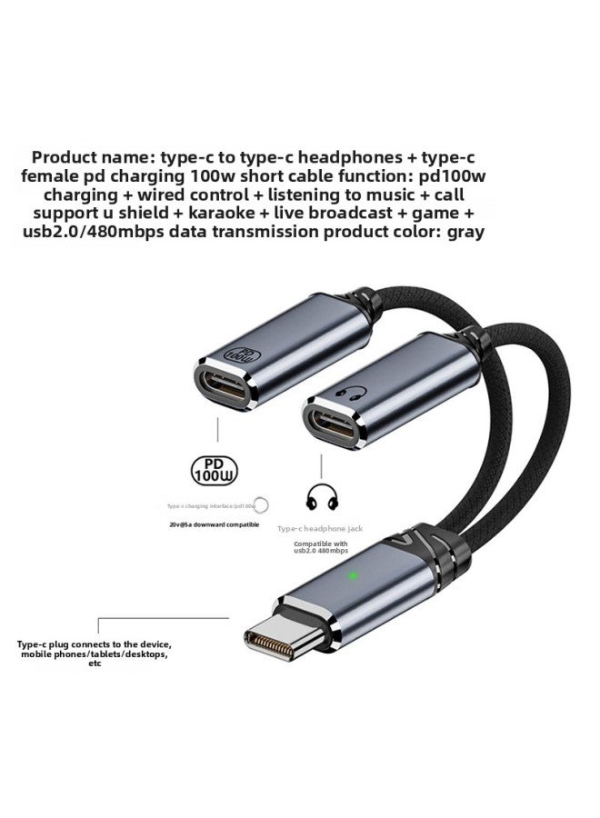 Type-C To 3.5mm Headset Transfer Charging Audio OTG Line 100W Applicable To Mobile Phone Headset Listening To Song Charging-Color:Usb-c Male To Pd100w+dac Audio Dual Usb-c Female - Image 3